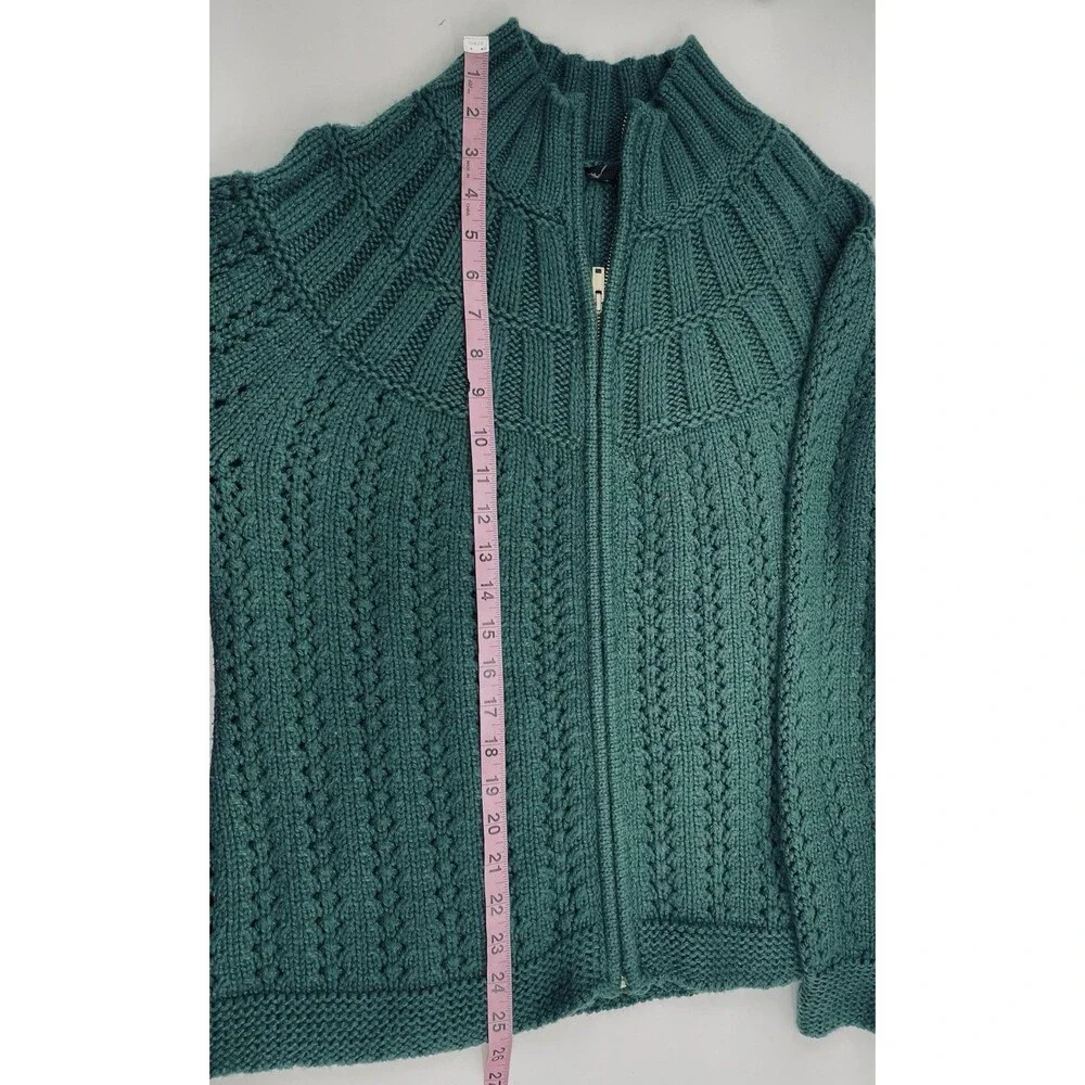 Talbots Women’s L Green Open Knit Full Zip Cardigan Sweater Textured Mock Neck